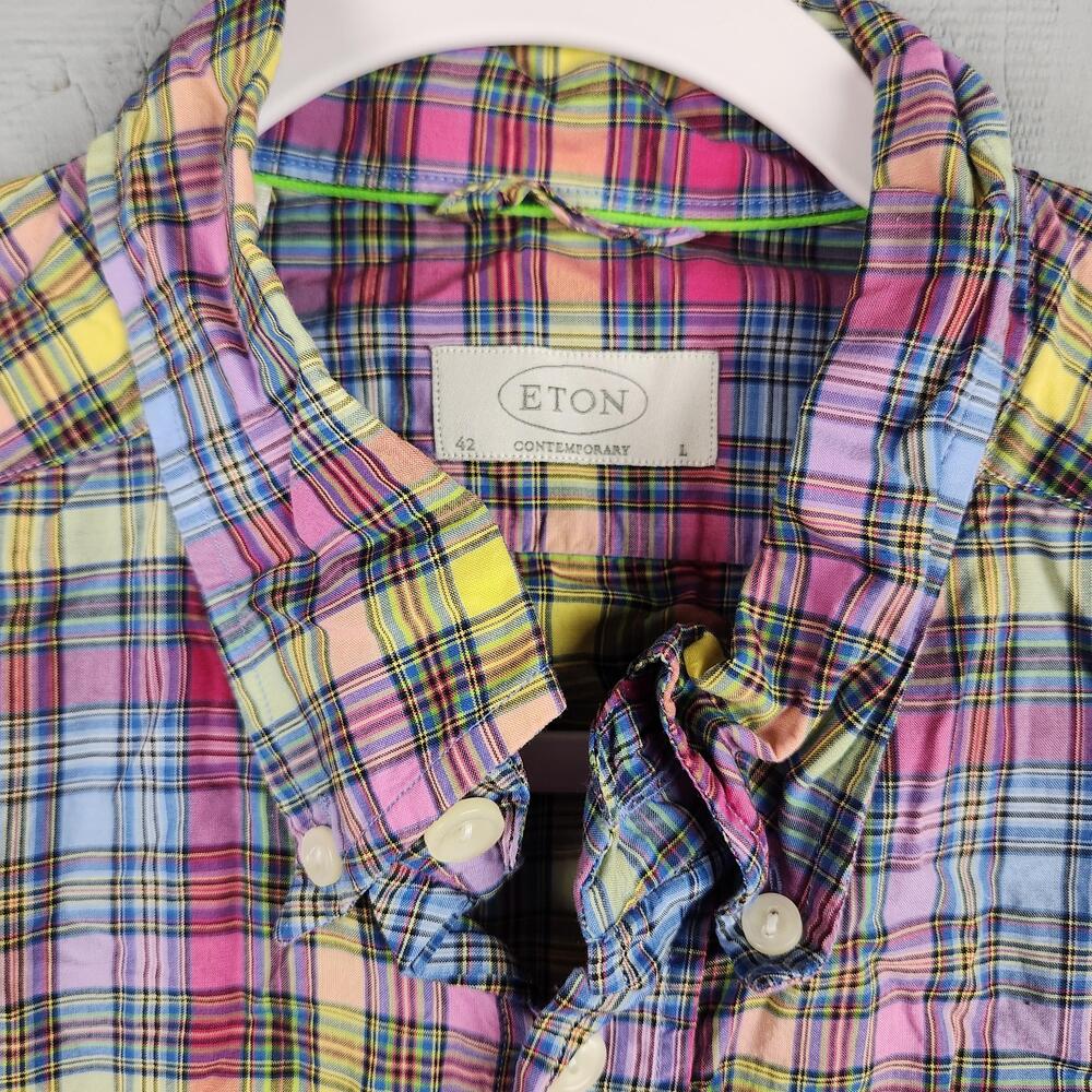Eton Shirt Mens Large 42 16.5 Multicolor Plaid Contemporary Button Long Sleeve